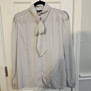 Ann Taylor Light Gray Blouse with Bow Tie